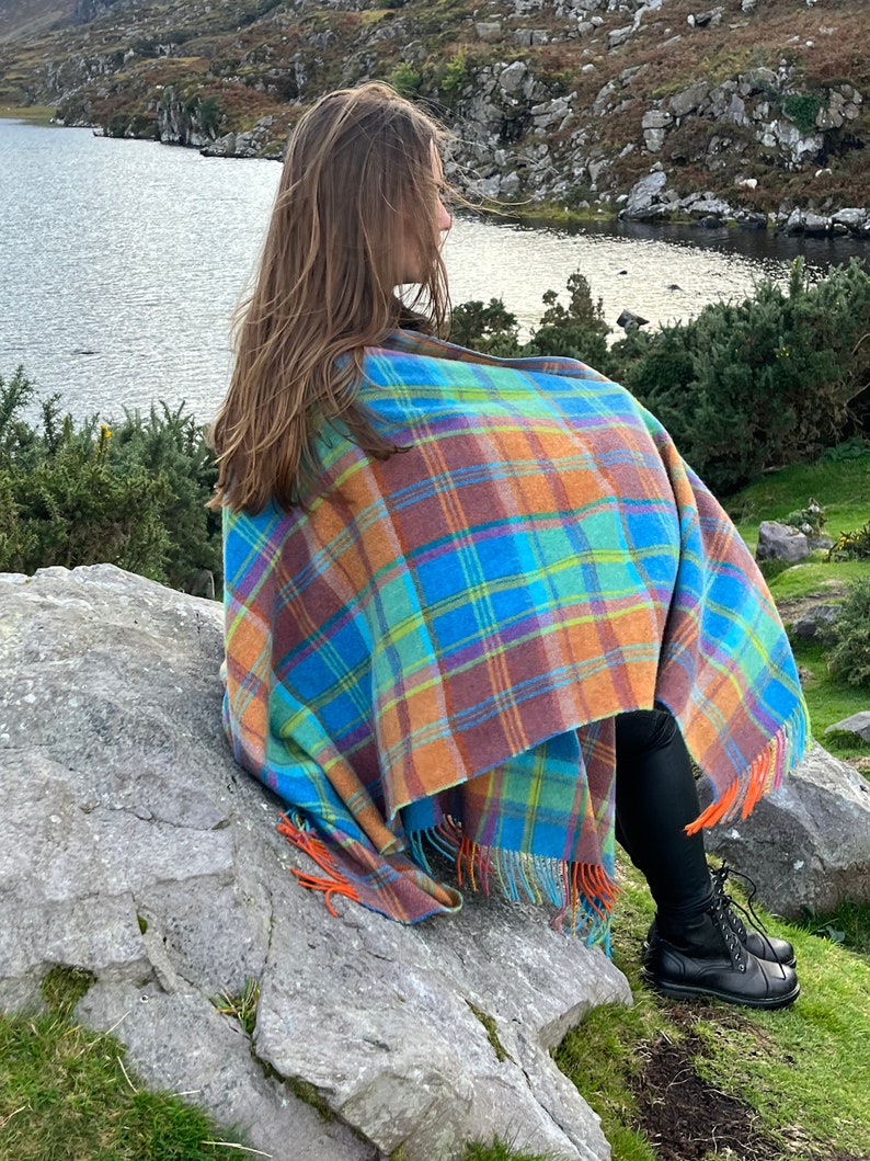 Hooded Irish Pure Supersoft Lambswool Cape, Ruana, Wrap - 100% Pure New Wool - Blue Green Orange Tartan Plaid Check - HANDMADE IN IRELAND