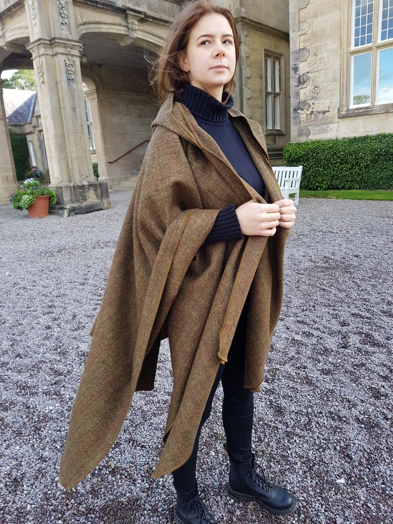 Irish Donegal Tweed Wool Hooded Cape, Ruana, Wrap, Cloak - Bronze/Brown Herringbone With Overcheck - 100% Pure New Wool -HANDMADE IN IRELAND
