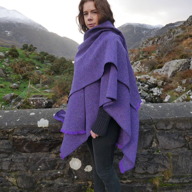 Irish Donegal Tweed Ruana, Wrap, Cape, Rectangle Cloak - Purple Herringbone - 100% Pure New Wool - HEAVY TWEED - Handmade in Ireland