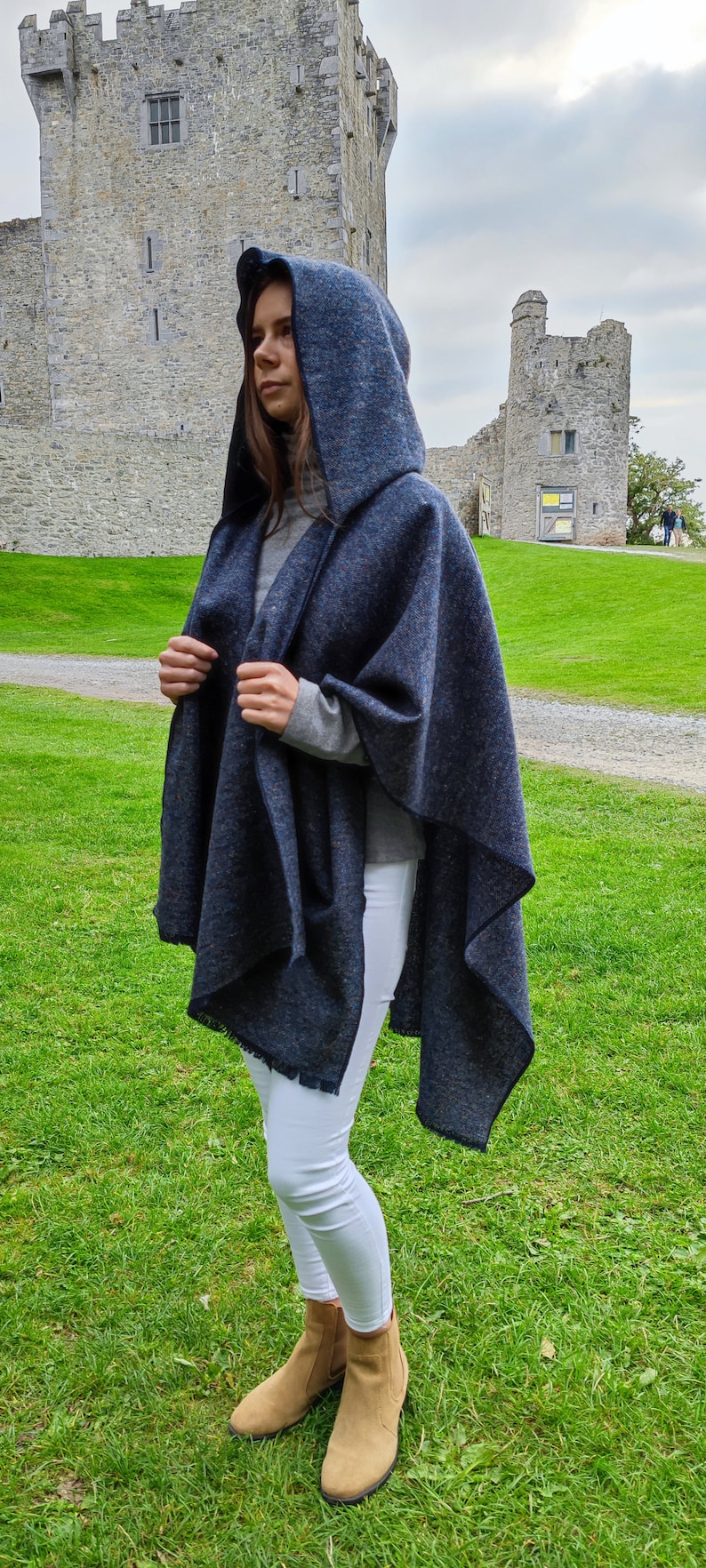 Irish Donegal Tweed Hooded Cape, Ruana, Wrap, Rectangle Cloak - Speckled / Fleck  Navy Blue - 100% Pure New Wool - HANDMADE IN IRELAND