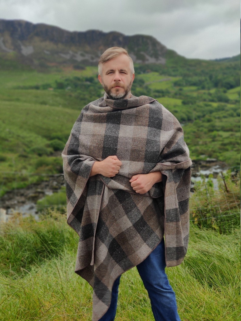 Irish Donegal Tweed Ruana, Wrap, Cape, Cloak - HEAVY TWEED - Beige/Brown/Grey Box Check - 100% Pure New Wool - Unisex - Handmade in Ireland