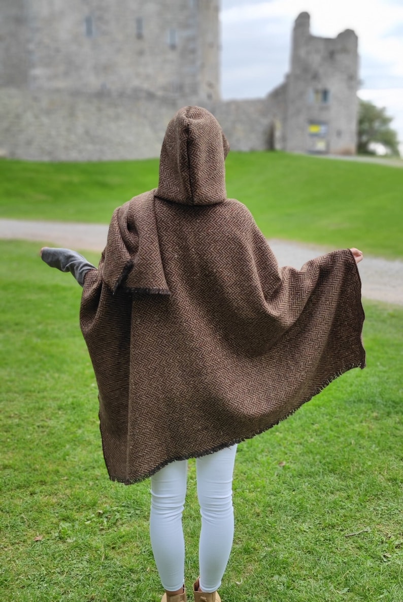 Irish Donegal Tweed Wool Hooded Ruana, Cape, Rectangle Cloak - Speckled Brown/Bronze Herringbone - Heavy Tweed -Unisex - HANDMADE IN IRELAND