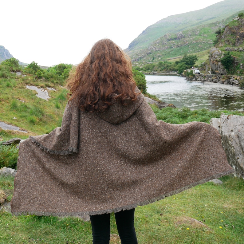 Irish Donegal Tweed Hooded Cape, Ruana, Cloak, Robe - Brown/Grey Salt&Pepper - Medium/Heavy Tweed - 100% Pure New Wool - HANDMADE IN IRELAND