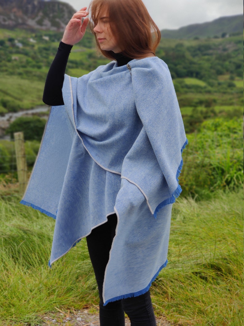 Irish wool ruana, wrap, cape, cloak  - blue/white chevron - 100% pure new wool - HANDMADE IN IRELAND