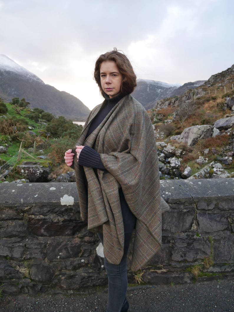 Irish tweed wool ruana, wrap, cape, coat, arisaid - brown/green  Irish tartan/ plaid check - 100% wool - HANDMADE IN IRELAND