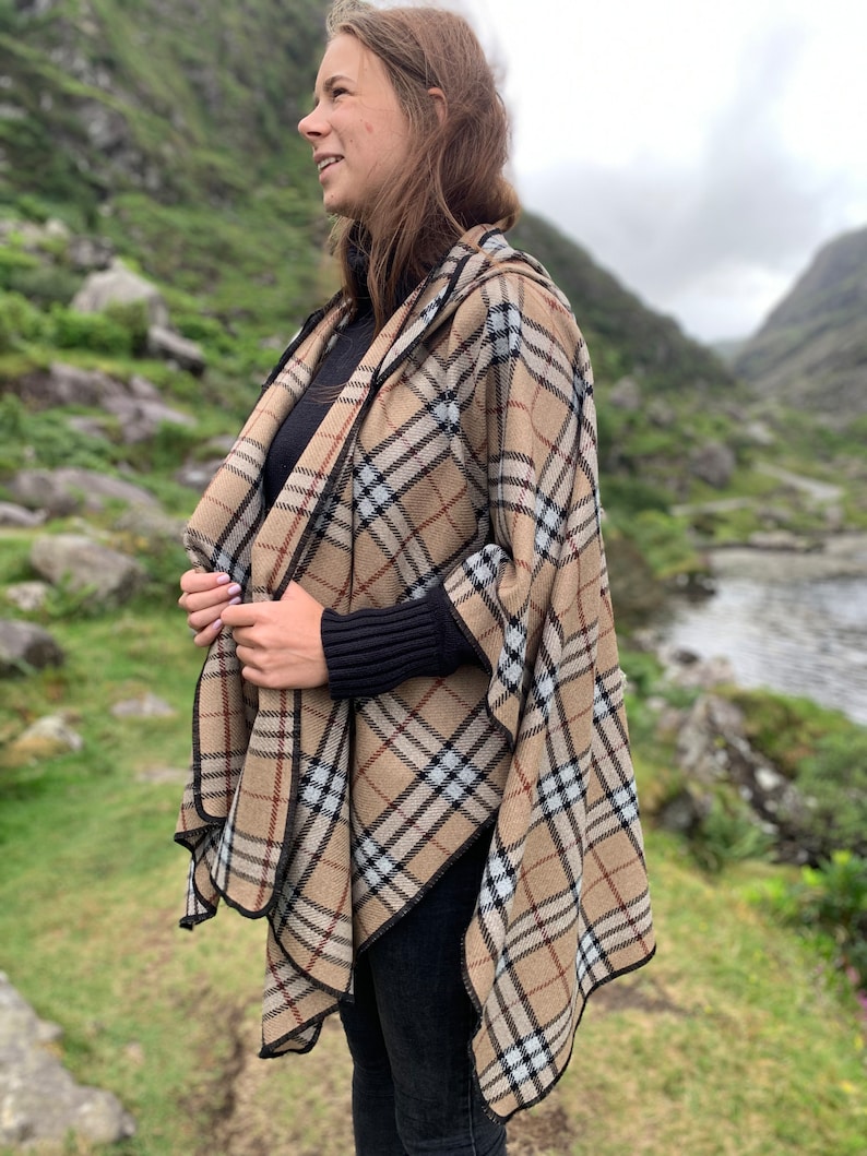 Hooded Irish Soft Lambswool Cape, Ruana, Wrap - 100% Pure New Wool - Camel Tartan / Plaid Check/ Thompson Check - HANDMADE IN IRELAND