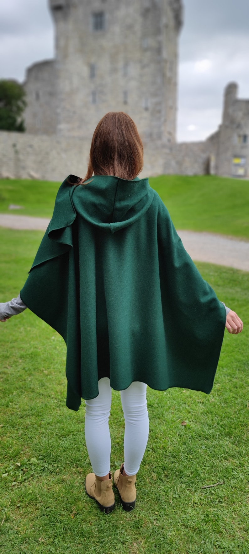 Irish Woven Wool Cape, Ruana, Wrap, Rectangle Cloak - 100% Pure New Wool - Emerald / Bottle Green - HANDMADE IN IRELAND