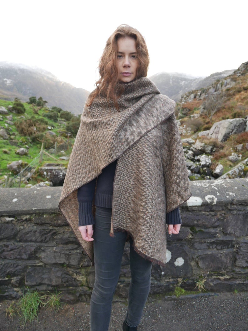 Irish Donegal Tweed Ruana, Wrap, Cape,  - Brown/Beige Herringbone With Multi-colour Fleck/Speckled -100% Pure New Wool - Handmade in Ireland