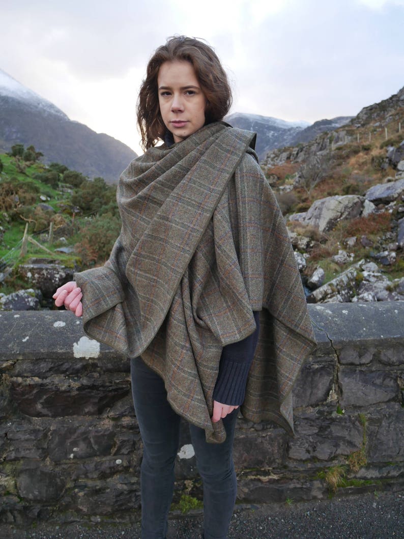 Irish tweed wool ruana, wrap, cape, coat, arisaid - brown/green  Irish tartan/ plaid check - 100% wool - HANDMADE IN IRELAND