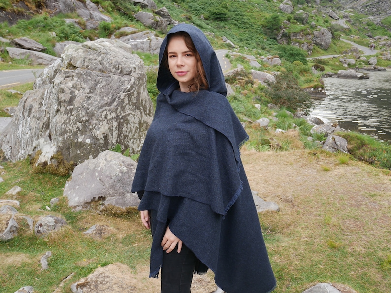 Irish Woven Wool Hooded Ruana, Cape, Rectangle Cloak, Wrap - 100% Pure New Wool - Plain Solid Navy - Unisex - HANDMADE IN IRELAND