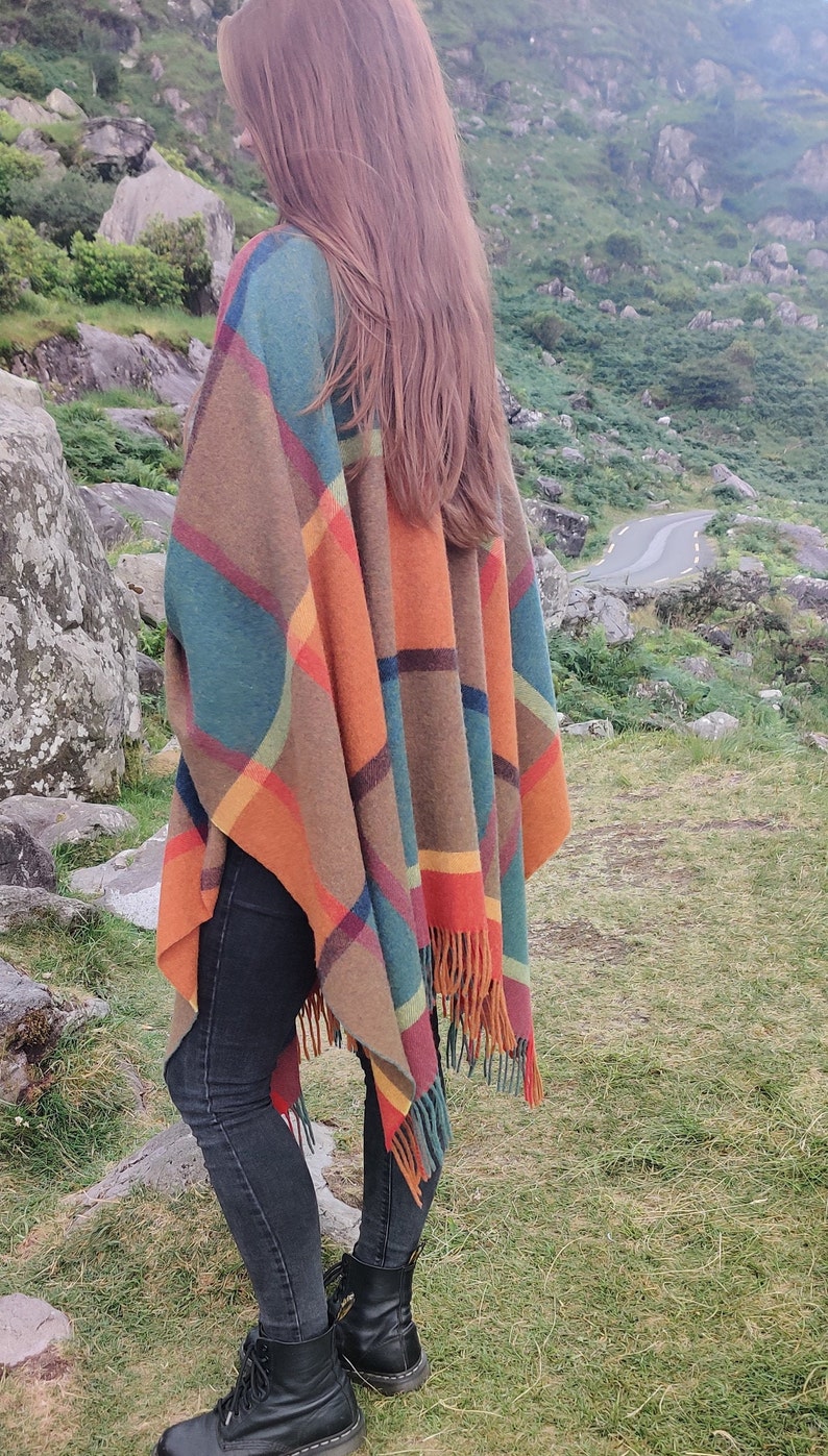 Irish Pure Lambswool Cape, Ruana, Wrap , Shawl - 100% Pure New Wool - multicolour block check - supersoft  - HANDMADE IN IRELAND