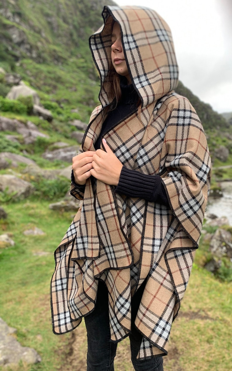 Hooded Irish Soft Lambswool Cape, Ruana, Wrap - 100% Pure New Wool - Camel Tartan / Plaid Check/ Thompson Check - HANDMADE IN IRELAND