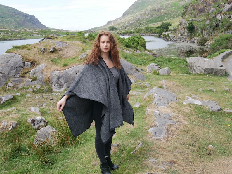 Irish Donegal Tweed Wool Cape, Wrap, Ruana, Rectangle Cloak - Black & Grey Herringbone - 100% Pure New Wool - Unisex - HANDMADE IN IRELAND