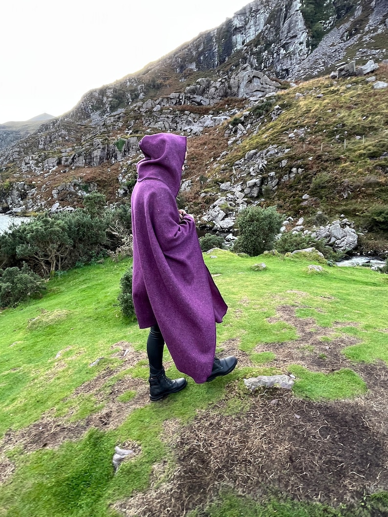 Irish Donegal Tweed Hooded Ruana, Wrap, Cape, Cloak, Robe - Purple Wine Herringbone - 100% Pure New Wool - Speckled - HANDMADE IN IRELAND