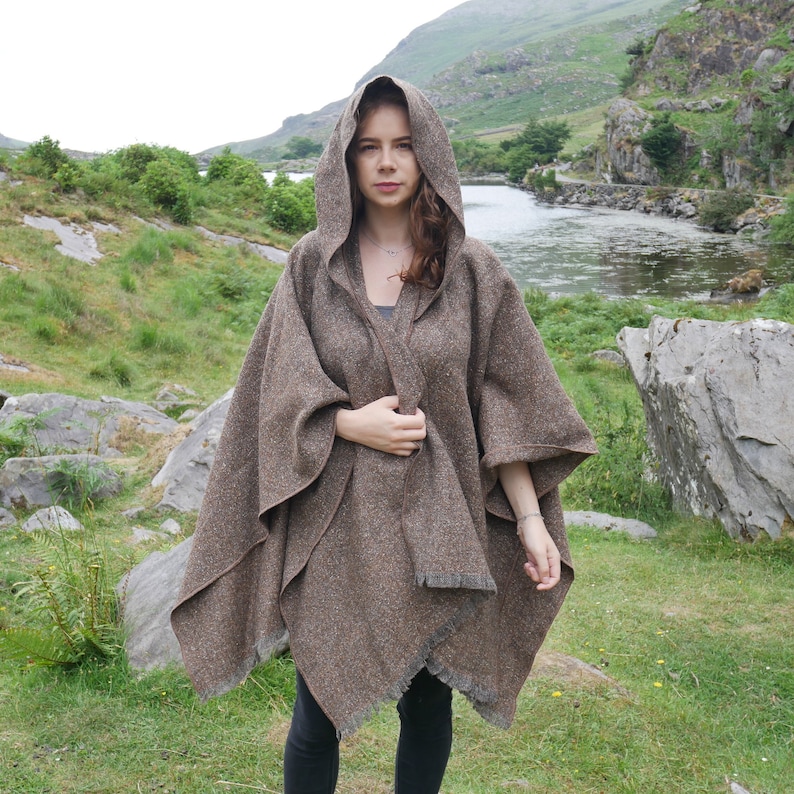 Irish Donegal Tweed Hooded Cape, Ruana, Cloak, Robe - Brown/Grey Salt&Pepper - Medium/Heavy Tweed - 100% Pure New Wool - HANDMADE IN IRELAND