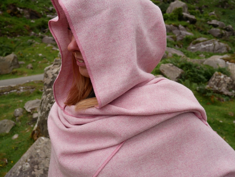 Irish tweed wool hooded ruana, wrap, arisaid - pink & white chevron - HANDMADE IN IRELAND