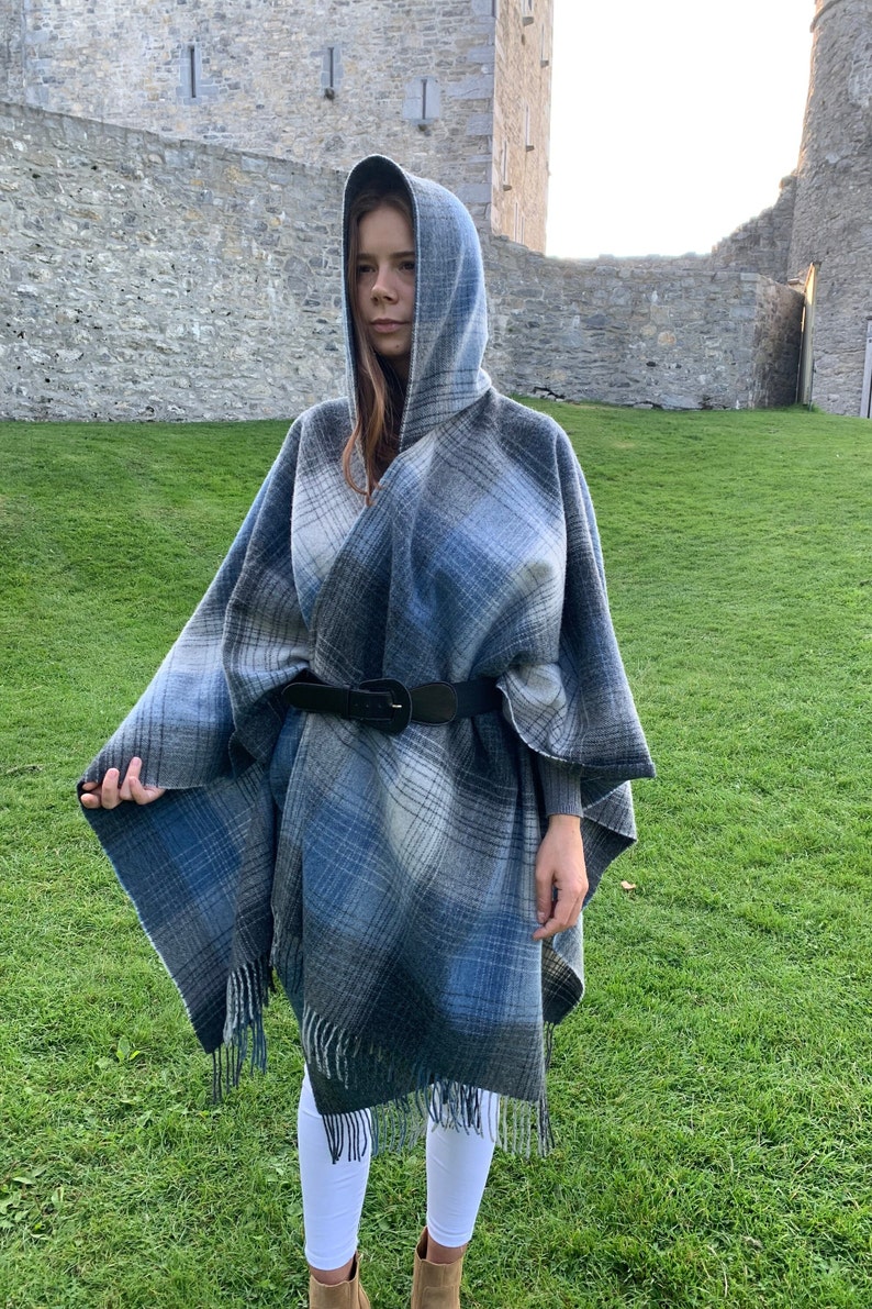 Hooded Irish Pure Lambswool Cape, Ruana, Wrap , Shawl - 100% Pure New Wool - Grey Denim Check - Supersoft - HANDMADE IN IRELAND