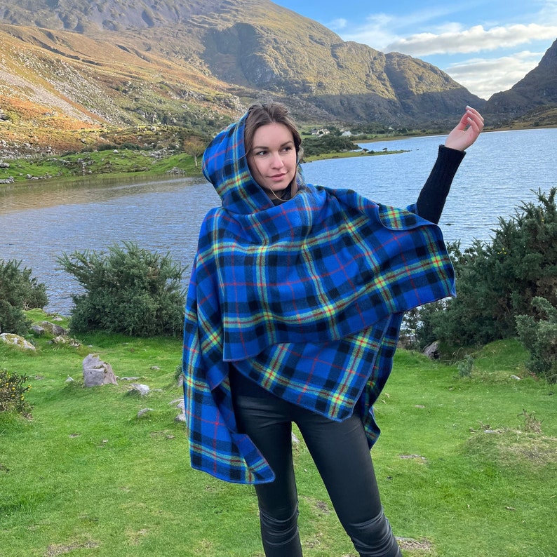 Hooded Supersoft Lambswool Cape, Ruana Wrap , Cloak - 100% Pure New Wool - Blue Navy Lime Green Red Tartan Plaid Check - HANDMADE IN IRELAND