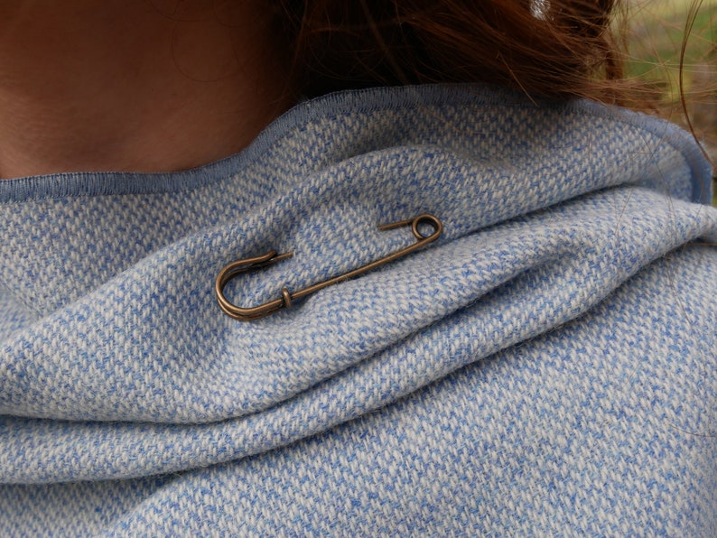 Irish Tweel Woven Wool Ruana, Wrap, Cape - Baby Blue & White Chevron - 100% Pure New Wool - Lightweight - HANDMADE IN IRELAND