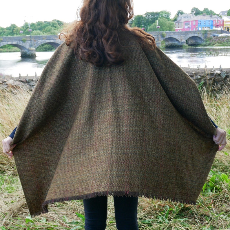 Irish Donegal Tweed Wool Ruana,wrap,cape,coat,arisaid -bronze/brown herringbone with over check - 100% Pure New Wool - HANDMADE IN IRELAND
