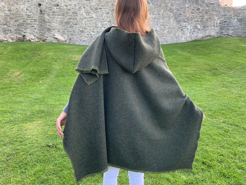 Irish Donegal Tweed Wool Hooded Ruana, Cape, Rectangle Cloak - Speckled Forest Green Herringbone - Heavy Tweed -Unisex- HANDMADE IN IRELAND