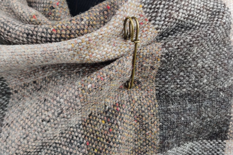 Irish Donegal Tweed Ruana, Wrap, Cape, Cloak - HEAVY TWEED - Beige/Brown/Grey Box Check - 100% Pure New Wool - Unisex - Handmade in Ireland