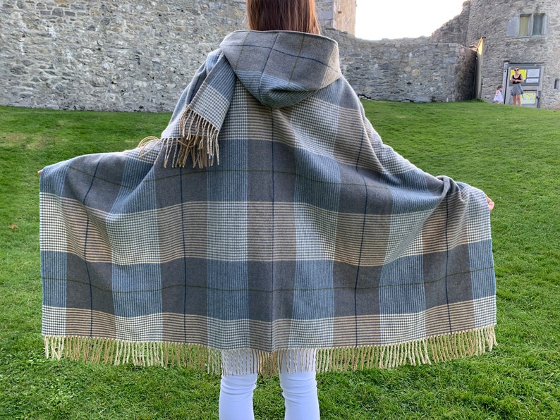 Hooded Supersoft Lambswool Cape, Ruana, Wrap , Shawl - 100% Pure New Wool - Cream Taupe Denim Check -One Size Fits All - HANDMADE IN IRELAND