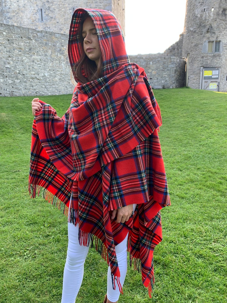 Hooded Irish Pure Lambswool Cape, Ruana, Wrap , Shawl - 100% Pure New Wool -Royal Stewart Tartan/Plaid Check -Supersoft -HANDMADE IN IRELAND