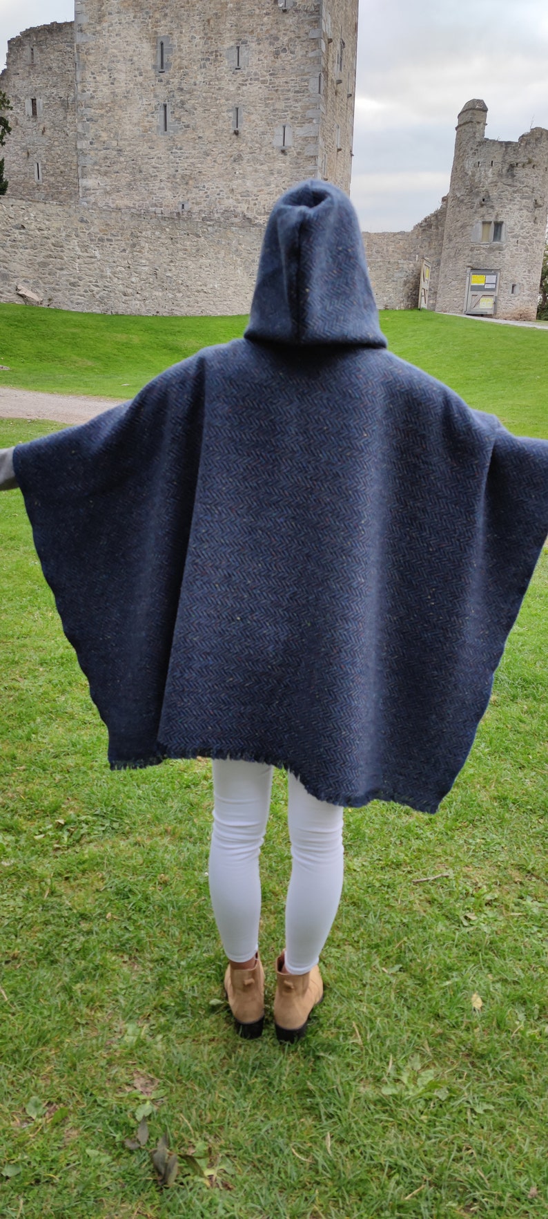 Irish Donegal Tweed Wool Hooded Ruana, Cape, Rectangle Cloak - Speckled Navy / Blue Herringbone - Heavy Tweed - Unisex - HANDMADE IN IRELAND