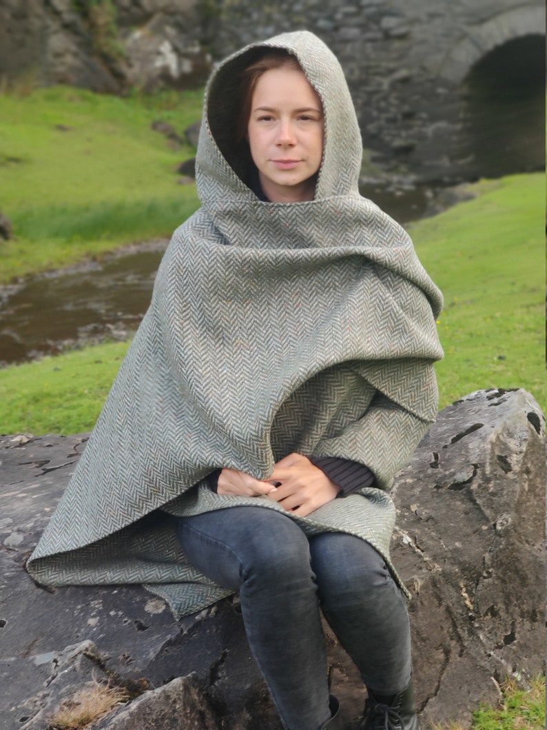 Irish Donegal Tweed Wool Hooded Cape Ruana Wrap Robe Cloak Arisaid -Speckled Fleck Green Grey Herringbone - HEAVY TWEED -Handmade in Ireland