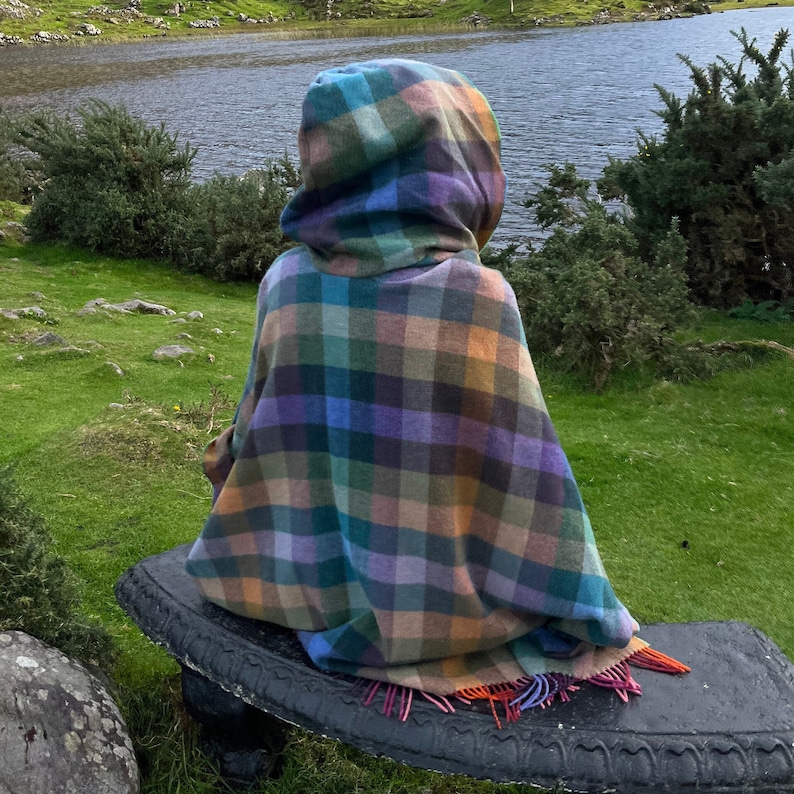 Hooded Supersoft Lambswool Cape, Ruana, Wrap , Shawl - 100% Pure New Wool - Multicolour  Check - One Size Fits All - HANDMADE IN IRELAND