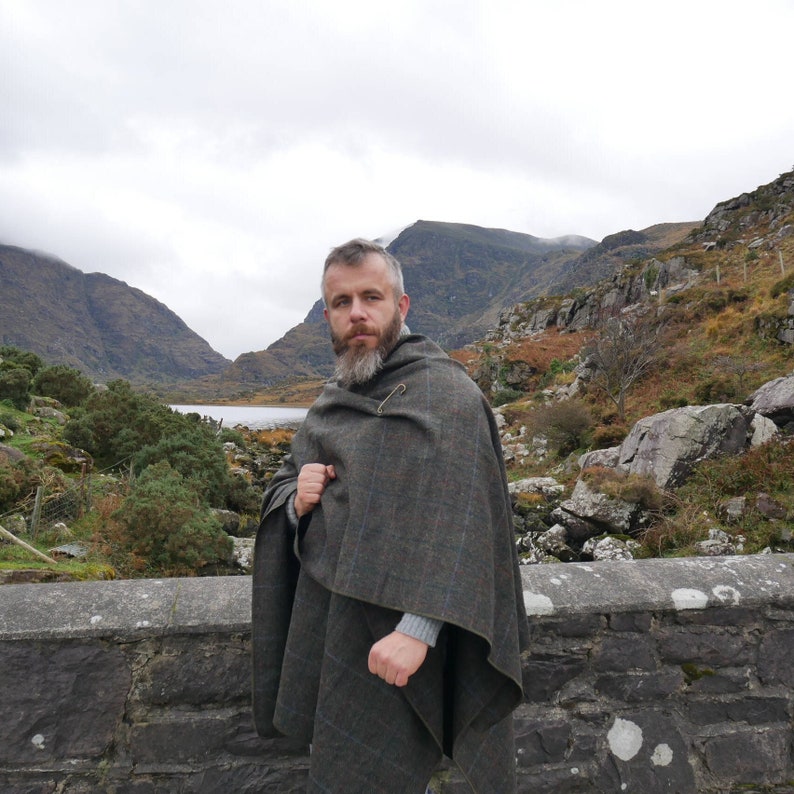 Irish Donegal Tweed Wool Cape, Ruana,Rectangle Cloak -Moss Green Herringbone With Overcheck- 100% Pure New Wool -Unisex- HANDMADE IN IRELAND