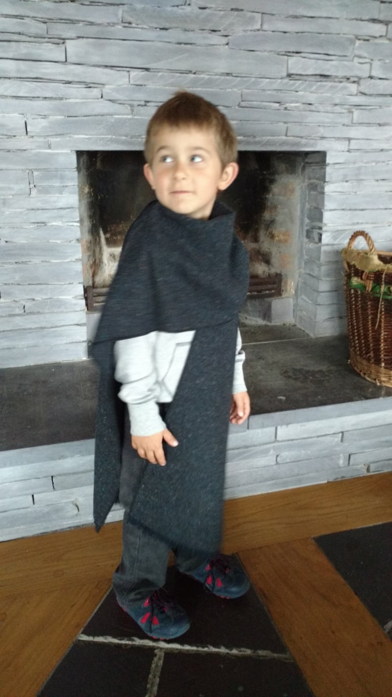 Irish tweed ruana, celtic wrap, cape, plaid, arisaid - 100% wool-navy&charcoal melange-kids 5-6 years old-Handmade in Ireland