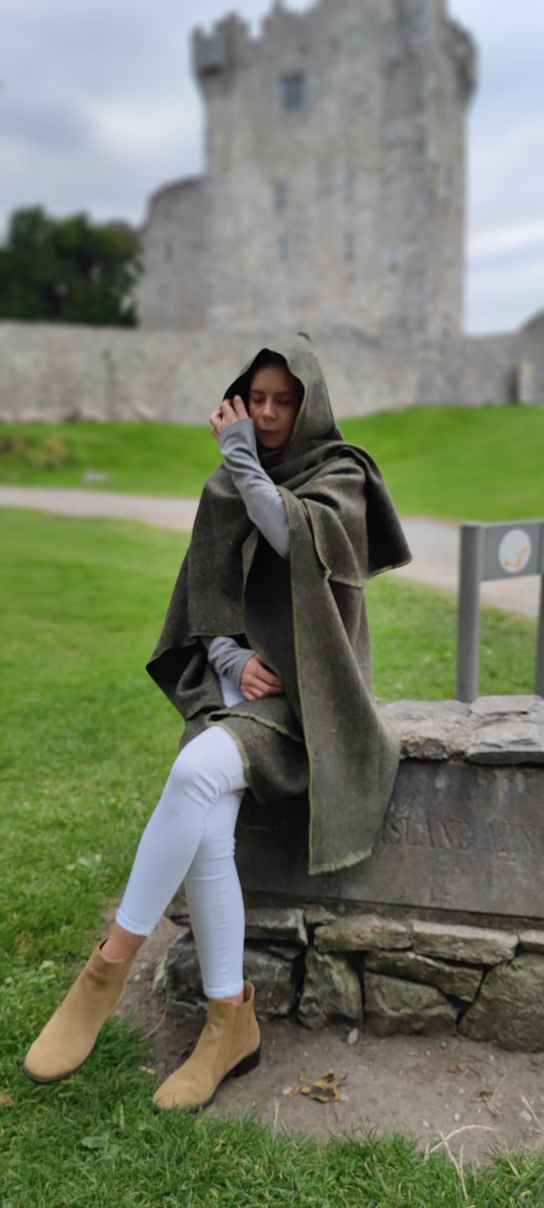 Irish Donegal Tweed Wool Hooded Ruana, Cape, Rectangle Cloak - Speckled Forest Green Herringbone - Mediumweight -Unisex- HANDMADE IN IRELAND