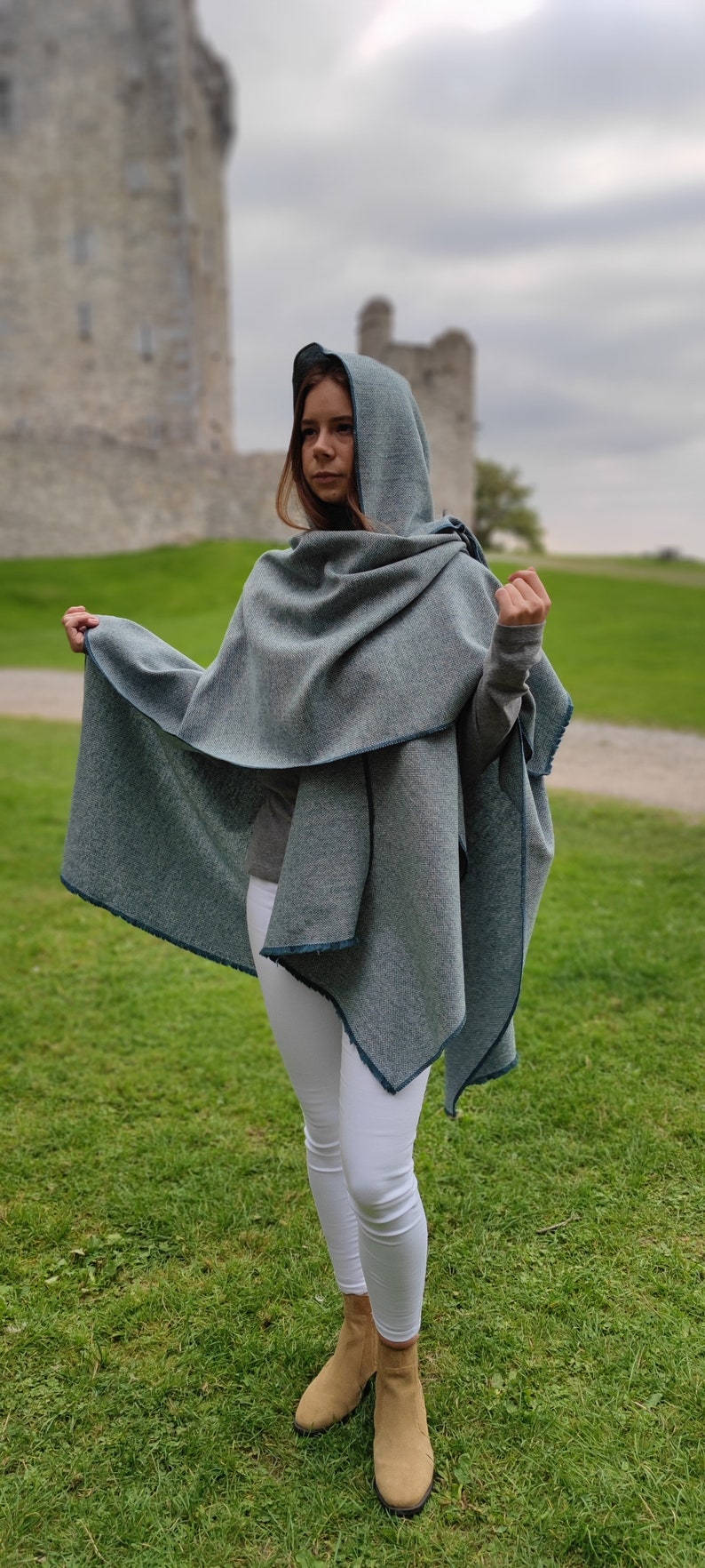 Hooded Irish Lambswool Tweed Cape, Rectangle Cloak, Ruana -Atlantic Teal/White Chevron- 100% Pure New Wool -Lightweight- HANDMADE IN IRELAND