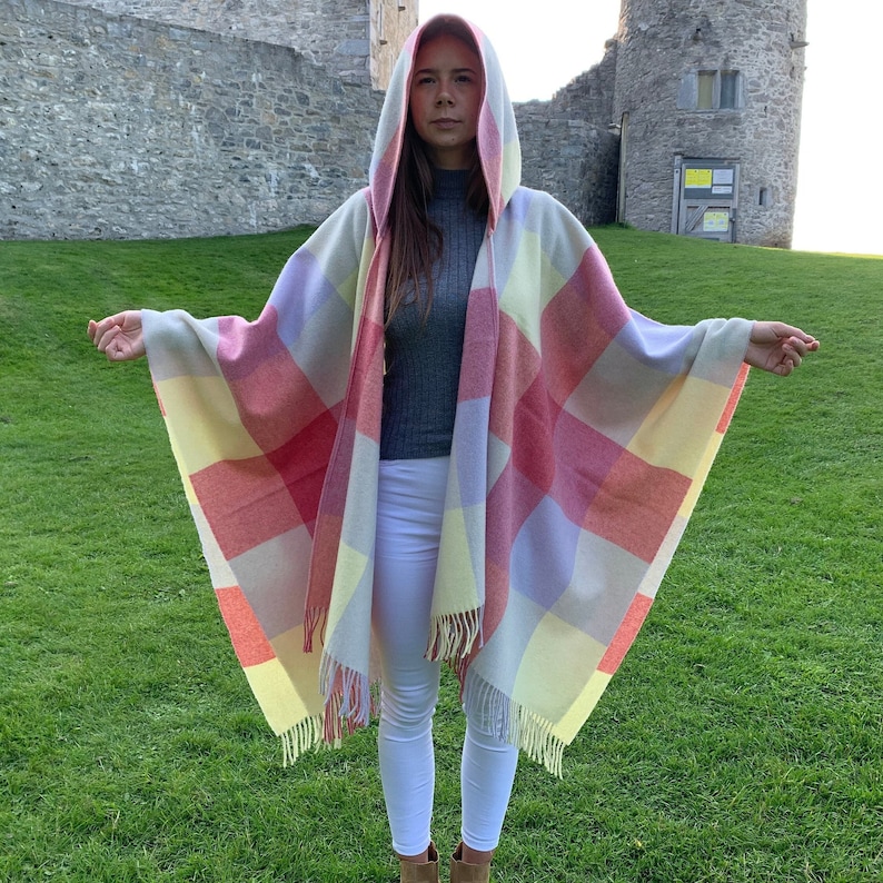 Hooded Irish Pure Lambswool Cape, Ruana, Wrap , Shawl - 100% Pure New Wool -Pale/Blue/Pink/Lemon Block Check -Supersoft -HANDMADE IN IRELAND