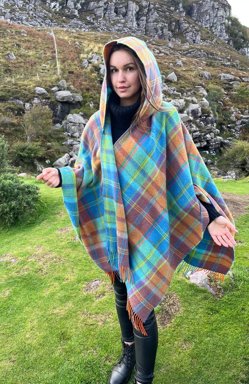 Hooded Irish Pure Supersoft Lambswool Cape, Ruana, Wrap - 100% Pure New Wool - Blue Green Orange Tartan Plaid Check - HANDMADE IN IRELAND