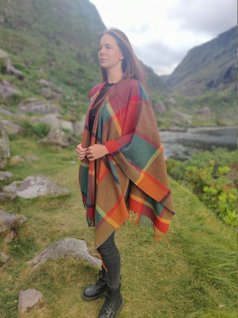 Irish Pure Lambswool Cape, Ruana, Wrap , Shawl - 100% Pure New Wool - multicolour block check - supersoft  - HANDMADE IN IRELAND