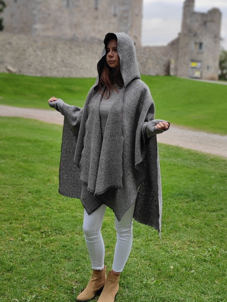 Irish Donegal Tweed Wool Hooded Ruana, Cape, Rectangle Cloak - Traditional Grey Fleck  - Heavy Tweed - Unisex - HANDMADE IN IRELAND
