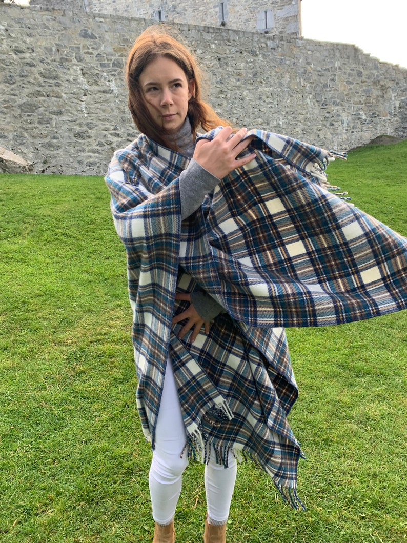 Irish Lambswool/Merino Cape, Ruana, Wrap, Shawl - 100% Pure New Wool - Blue Stewart Tartan Plaid - supersoft - one size- HANDMADE IN IRELAND