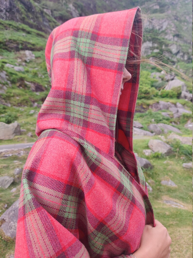 Irish soft lambswool hooded ruana, wrap, arisaid - pink/green/purple plaid check, tartan - 100% Pure New Wool - HANDMADE IN IRELAND