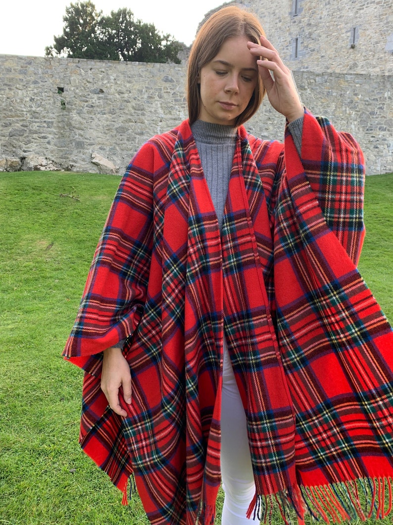 Irish Pure Lambswool Cape, Ruana, Wrap, Shawl - 100% Pure New Wool - Royal Stewart Tartan/Plaid Check - Supersoft - HANDMADE IN IRELAND
