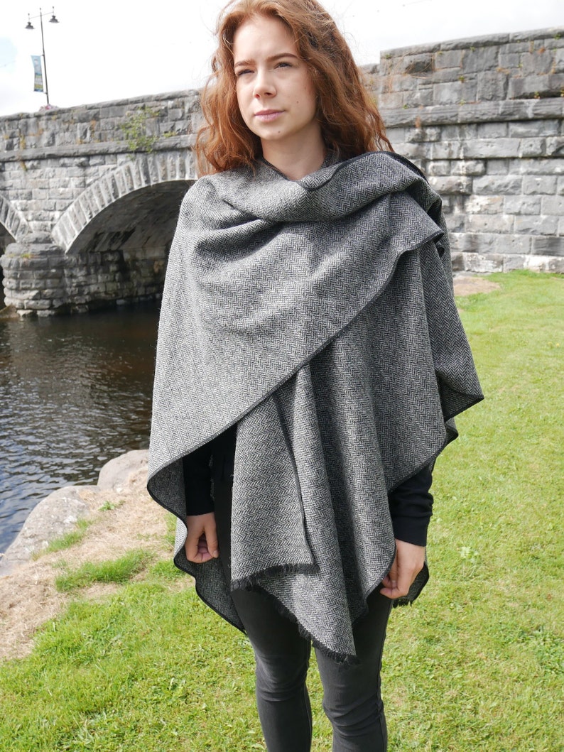 Irish Donegal Tweed Wool Ruana, Wrap, Cape, Cloak, Arisaid - Black/White  Herringbone - 100% Pure New Wool - Unisex - HANDMADE IN IRELAND