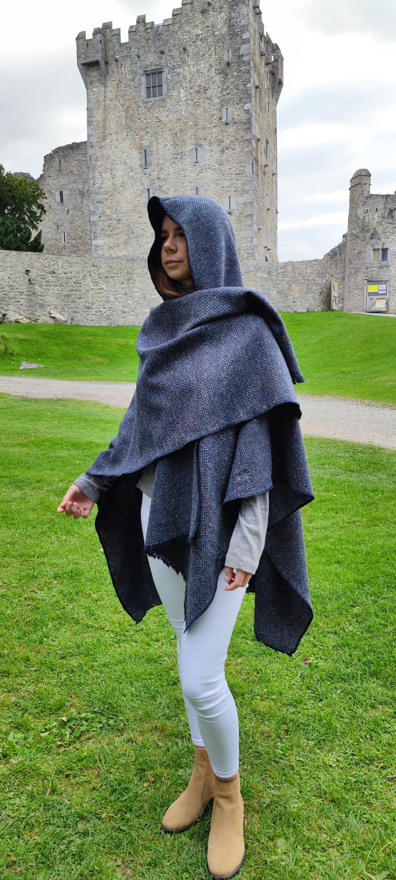 Hooded Irish Donegal Tweed Cape, Rectangle Cloak, Ruana - Speckled Denim Navy Herringbone - 100% Pure New Wool -Unisex - HANDMADE IN IRELAND