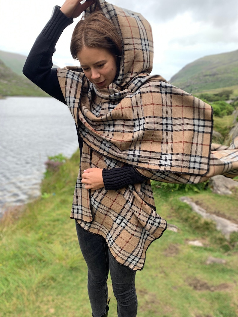 Hooded Irish Soft Lambswool Cape, Ruana, Wrap - 100% Pure New Wool - Camel Tartan / Plaid Check/ Thompson Check - HANDMADE IN IRELAND