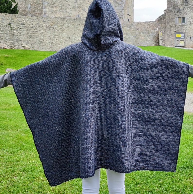 Hooded Irish Donegal Tweed Cape, Rectangle Cloak, Ruana - Speckled Denim Navy Herringbone - 100% Pure New Wool -Unisex - HANDMADE IN IRELAND