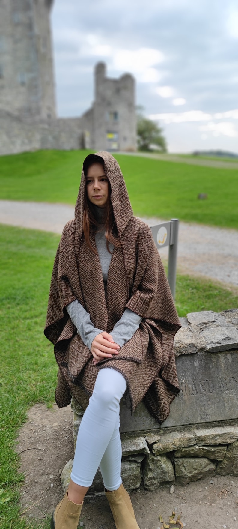 Irish Donegal Tweed Wool Hooded Ruana, Cape, Rectangle Cloak - Speckled Brown/Bronze Herringbone - Heavy Tweed -Unisex - HANDMADE IN IRELAND