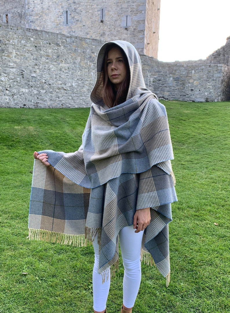 Hooded Supersoft Lambswool Cape, Ruana, Wrap , Shawl - 100% Pure New Wool - Cream Taupe Denim Check -One Size Fits All - HANDMADE IN IRELAND
