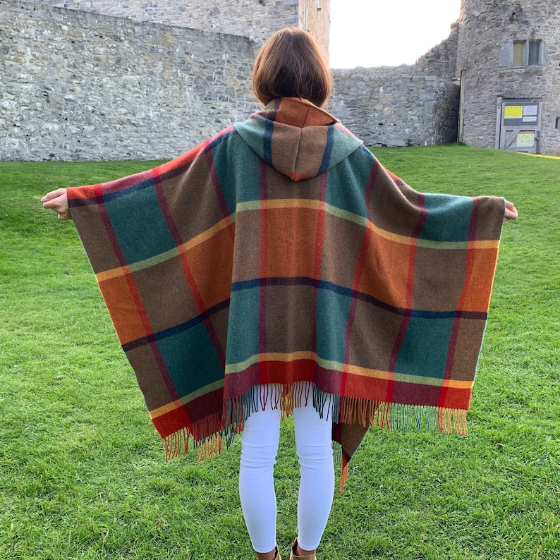 Hooded Irish Pure Lambswool Cape, Ruana, Wrap , Shawl - 100% Pure New Wool - Orange/Green/Yellow/Wine Check - Supersoft -HANDMADE IN IRELAND