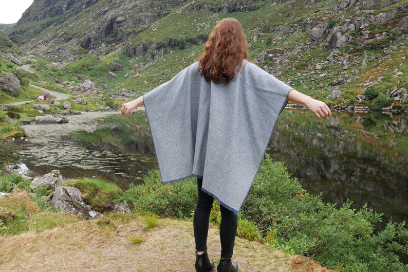 Irish Donegal tweed wool ruana, wrap , arisaid - grey/blue herringbone - 100% Pure New Irish Wool -  HANDMADE IN IRELAND
